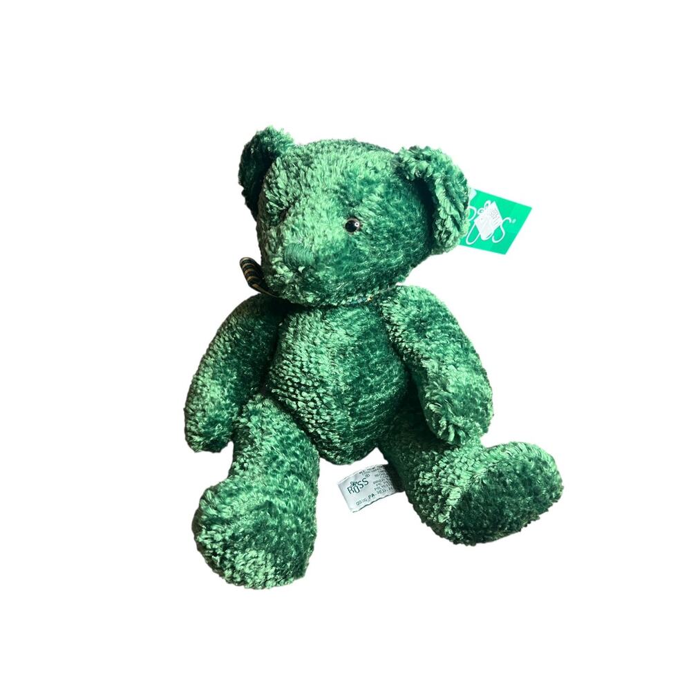 Russ Berrie Shawn Teddy Bear Green Textured Plush Plaid‎ Bow 4971 NWT
